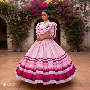 Pink Traditional Mexican Double Skirt Dress – Custom Made Folklore Gown